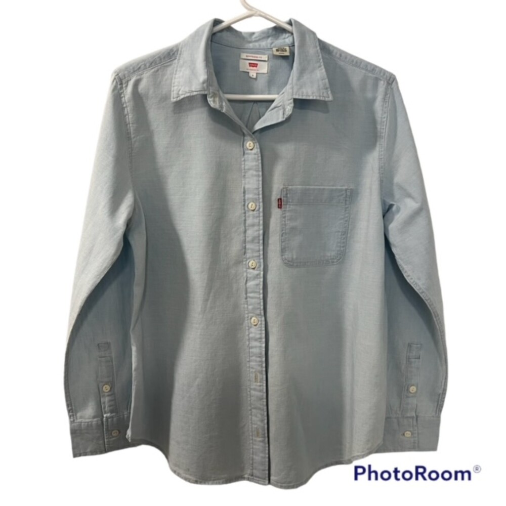 LEVIS Boyfriend Fit Blue Coconut Tree Embroidered Back Button Down LS Shirt Sz S